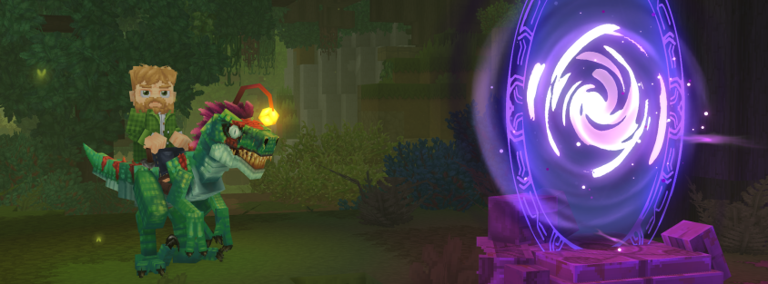 Jogador montado em raptor perto de portal mágico
